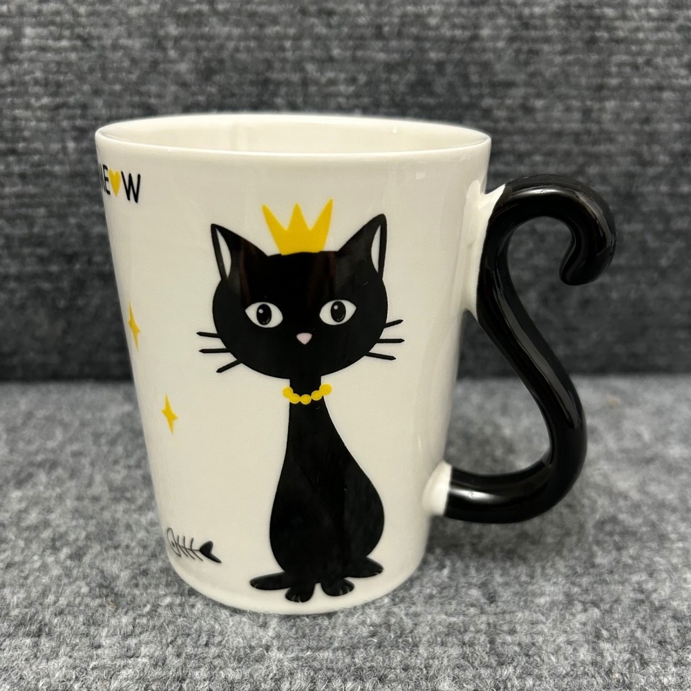 Black Cat Tail Handle Ceramic Coffee Mug White Meow Crown PC15-1